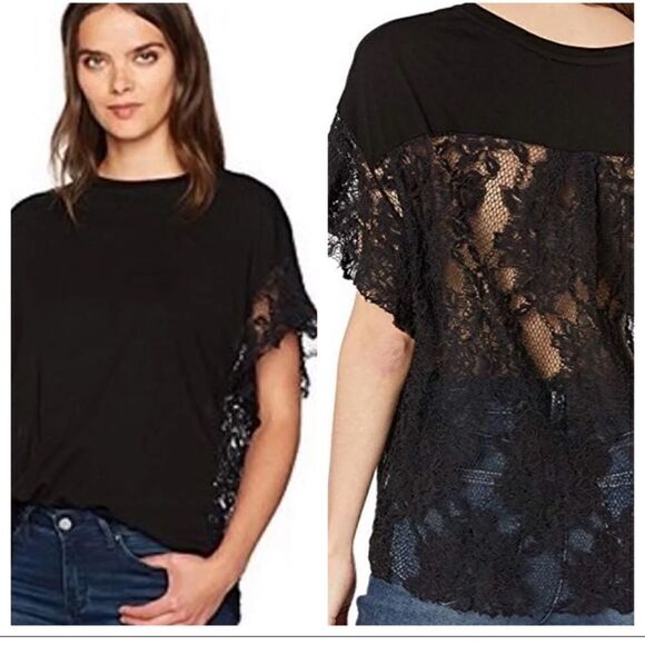 AG Adriano Goldschmied Anthro Sofi Lace Tee Black Size XS - Picture 1 of 7